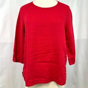 FLAX 100% Linen Red Boxy Blouse 3/4 Sleeves‎ Button Womens P Relaxed Lagum Beach